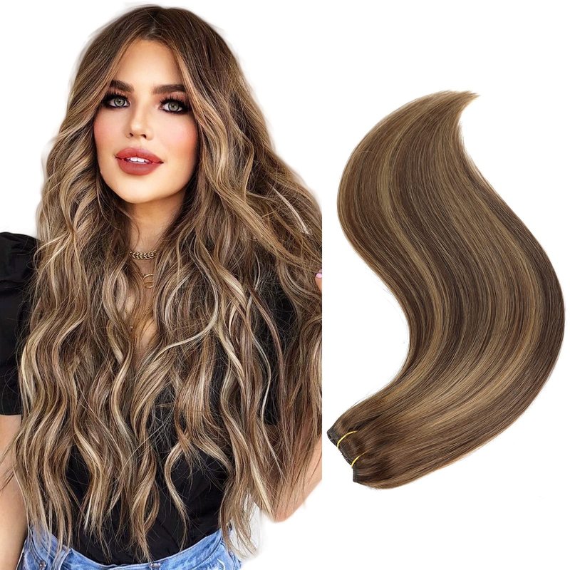 14" Clip in Remy Human Hair Extensions Chocolate Brown to Caramel Blonde Balayage Double Weft Thickness to Ends, 100% Human Hair Extensions for Women, 6 Pieces 70g / 2.45oz.