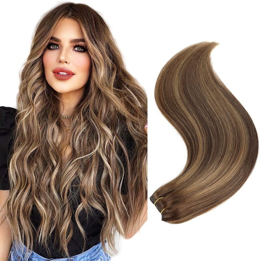14" Clip in Remy Human Hair Extensions Chocolate Brown to Caramel Blonde Balayage Double Weft Thickness to Ends, 100% Human Hair Extensions for Women, 6 Pieces 70g / 2.45oz.