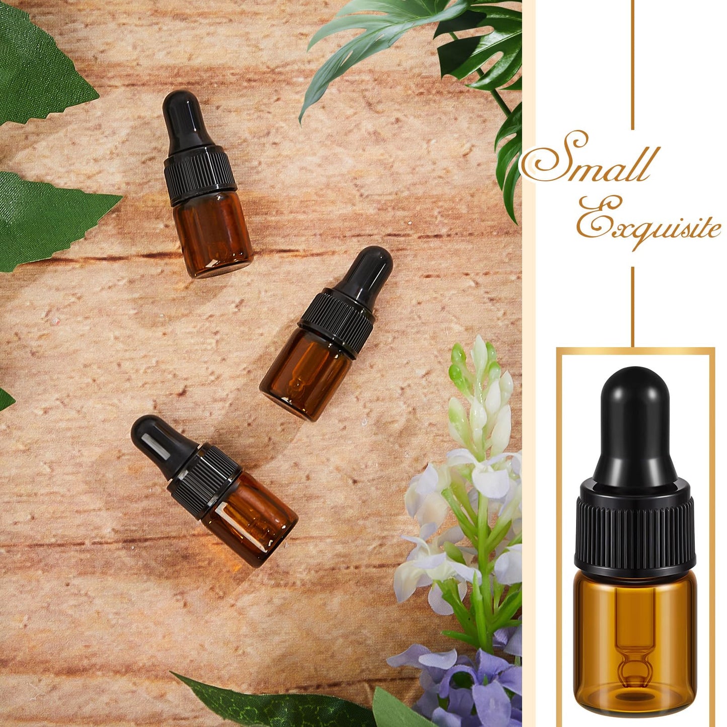 Didaey 200 Pcs 2 ml Mini Glass Oil Dropper Bottle Bulk, Clear Essential Small Empty Bottles Sample Containers Perfume Liquid Vials with Cap for Traveling (Amber)
