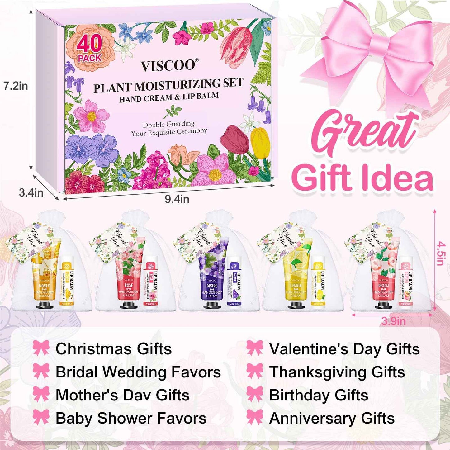 VISCOO 40 Sets Hand Cream Bulk and Lip Balm Bulk Gifts, Stocking Stuffers for Women Teengirls, Christmas Gifts,Bridesmaid Gifts for Guests with Thank You Card Organza Bags,Thank You Gifts, Small Gifts