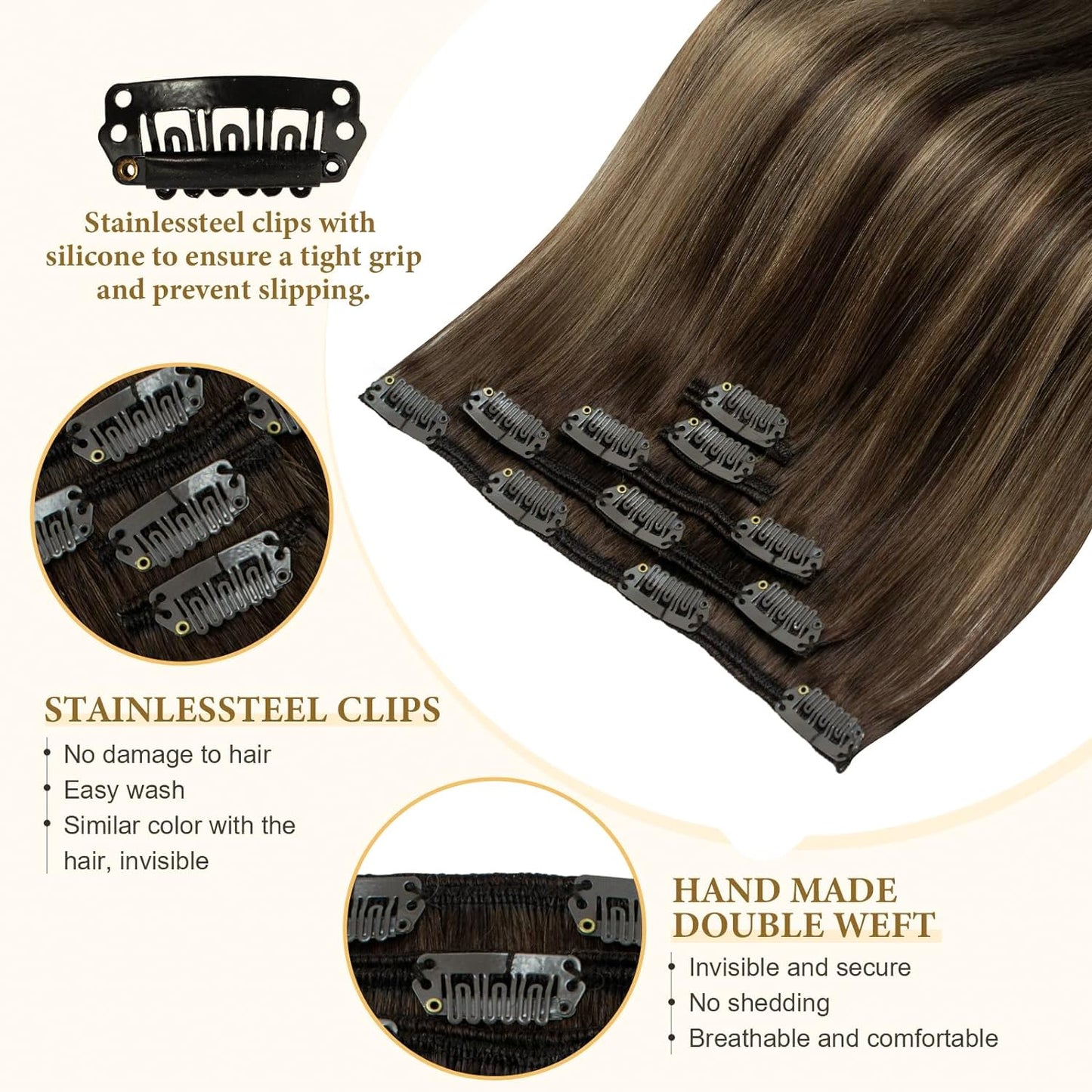 Balayage Clip in Real Human Hair Extensions Ombre Chocolate Brown to Caramel Blonde Natural Silky Straight Clip on Hair Extensions Double Weft Remy Brazilian Clip ins Hair 14 Inch 60G 5 PCS
