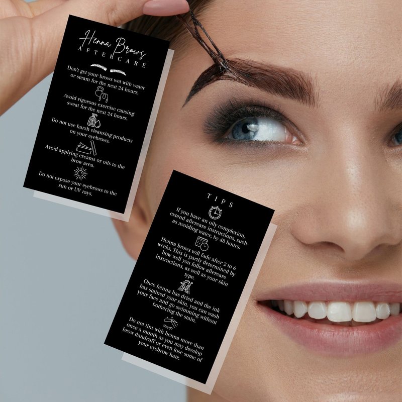 Brow Henna Aftercare & Tips Cards 50pk 2 x 3.5” Brow Artist Supplies Henna Brow Care Black and White Design