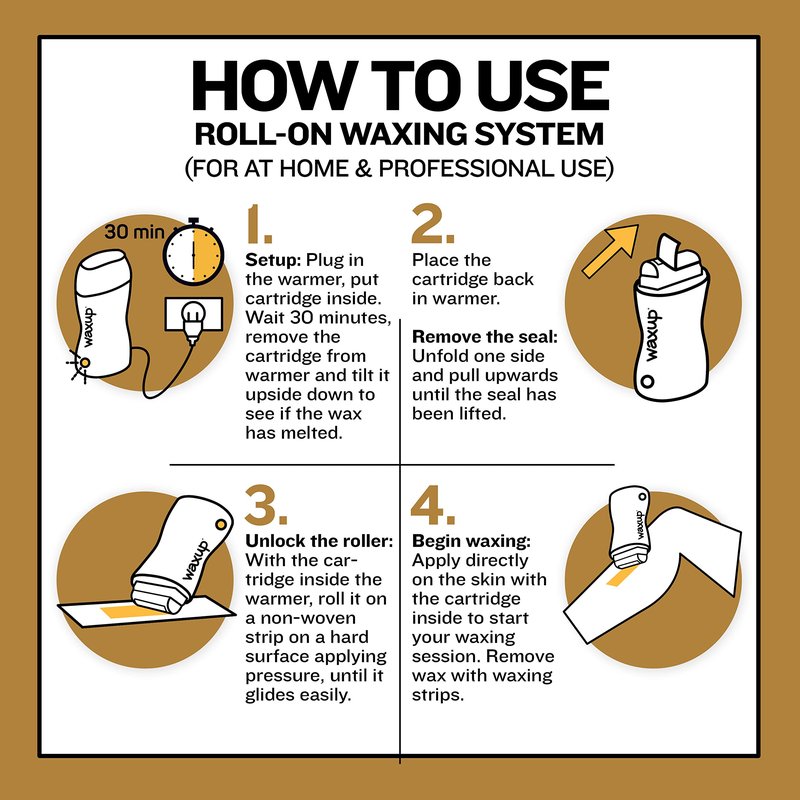 Waxup Gold Roll On Hair Removal Cartridge, Depilatory Roller Refill for Legs and Arms 3.88 Ounce / 110g (4 Pack) - Wax Warmer and Strips Not Included