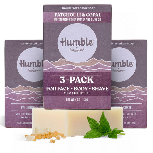 Humble Moisturizing Face & Body Bar Soap, Patchouli & Copal - 3 Pack