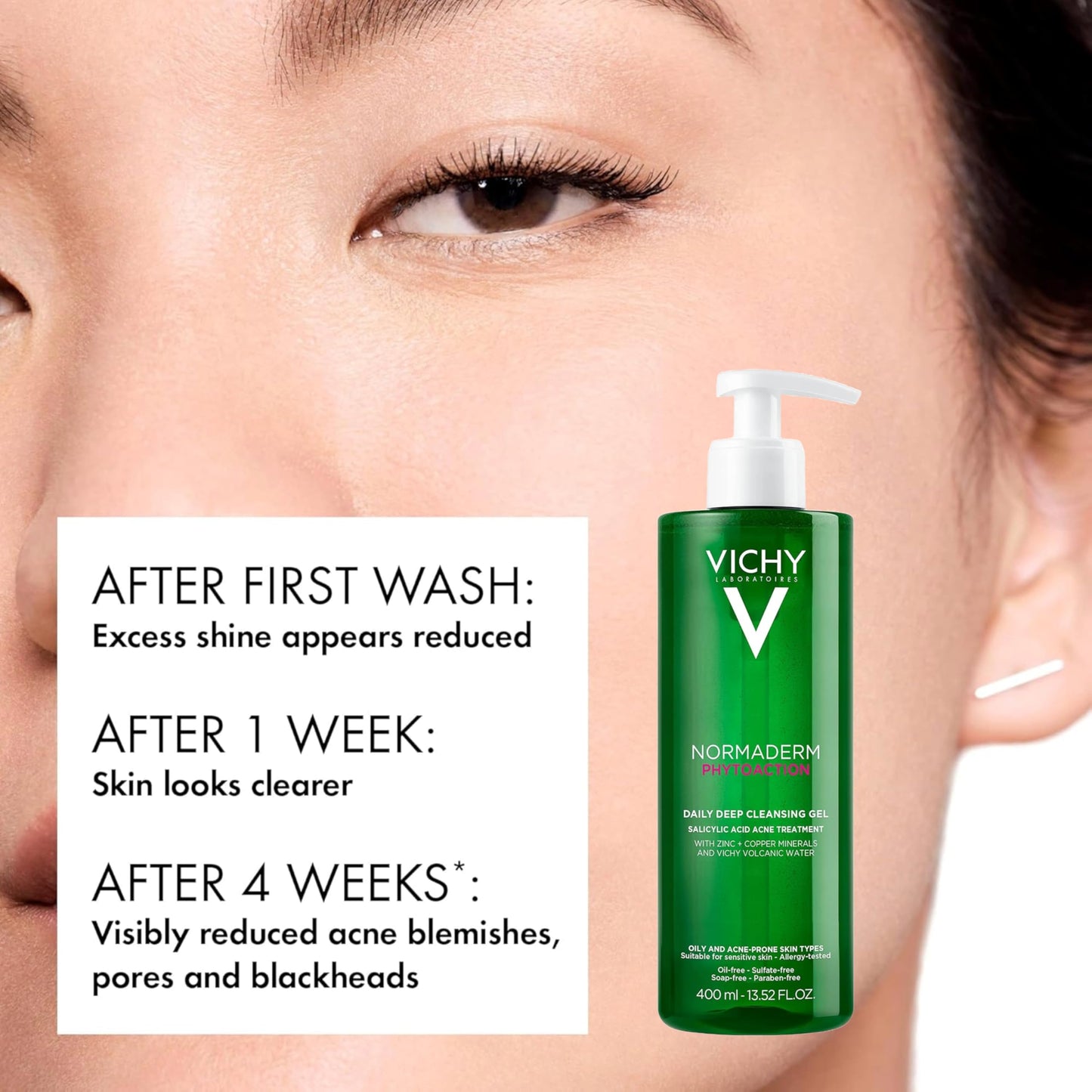 VICHY Normaderm Daily Acne Face Wash, Salicylic Acid Face Cleanser for Oily & Acne Prone Skin, Acne Cleanser that Clears Clogged Pores and Blackhead