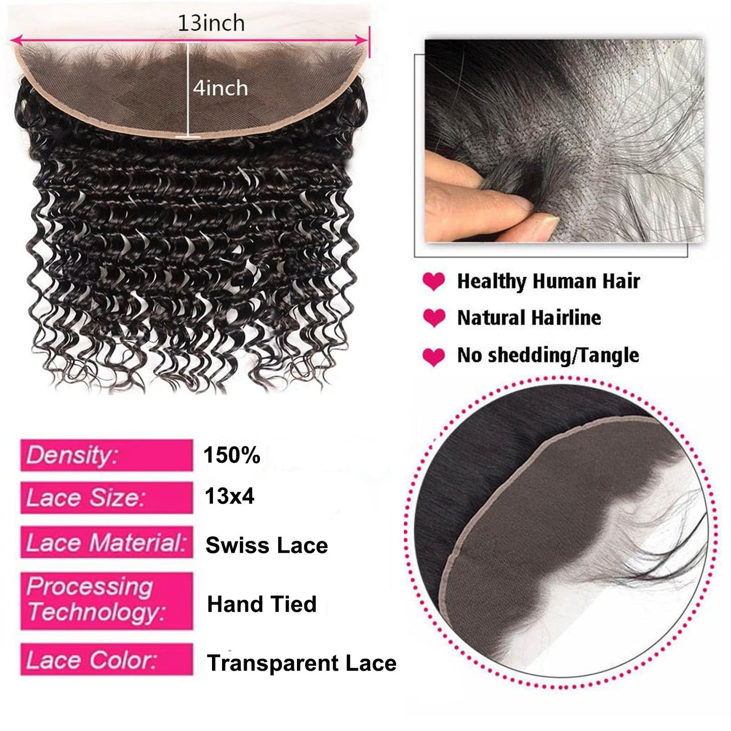 Deep Wave Frontal 13x4 HD Lace Front Human Hair Pre Plucked with Baby Hair Ear to Ear Transparent Lace Closure 100% Virgin Deep Wave Frontal 12 Inch