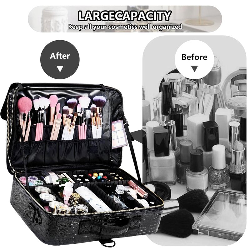 Large Capacity Travel Makeup Case Organizer - Waterproof PU Leather with Adjustable Dividers & Shoulder Strap | Perfect for Brushes & Jewelry