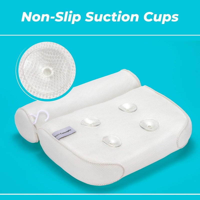Bathtub Pillow for Neck and Back Support - Machine Washable Bath Headrest with 6 Suction Cups | Drying Hook Included