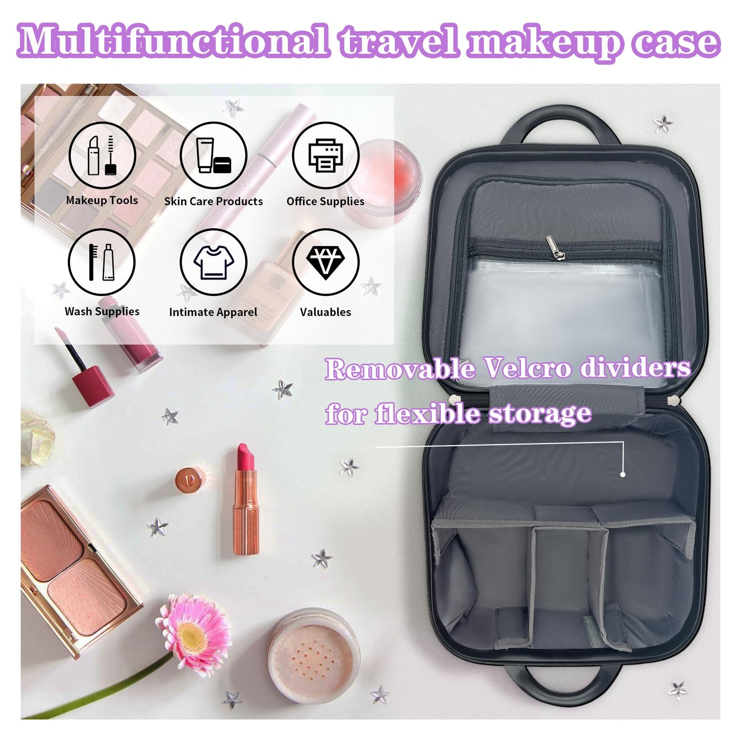 14 Inch Hard Shell Makeup Case, Mini Suitcase Vanity Case, Multi-Purpose Waterproof Hard Shell Cosmetic Case, Travel Cases for Toiletries Portable Makeup Organizer Hand Luggage for Women (Pink)