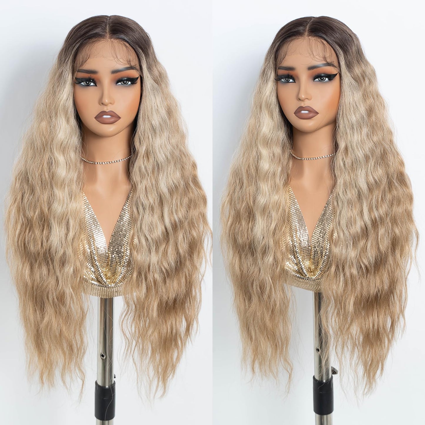 NOBLE Long Wavy Lace Front Wig - Ash Blonde 30 Inch Synthetic Hair | Heat Resistant for Daily Wear
