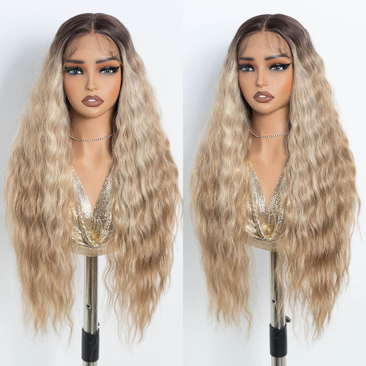 NOBLE Long Wavy Lace Front Wig - Ash Blonde 30 Inch Synthetic Hair | Heat Resistant for Daily Wear