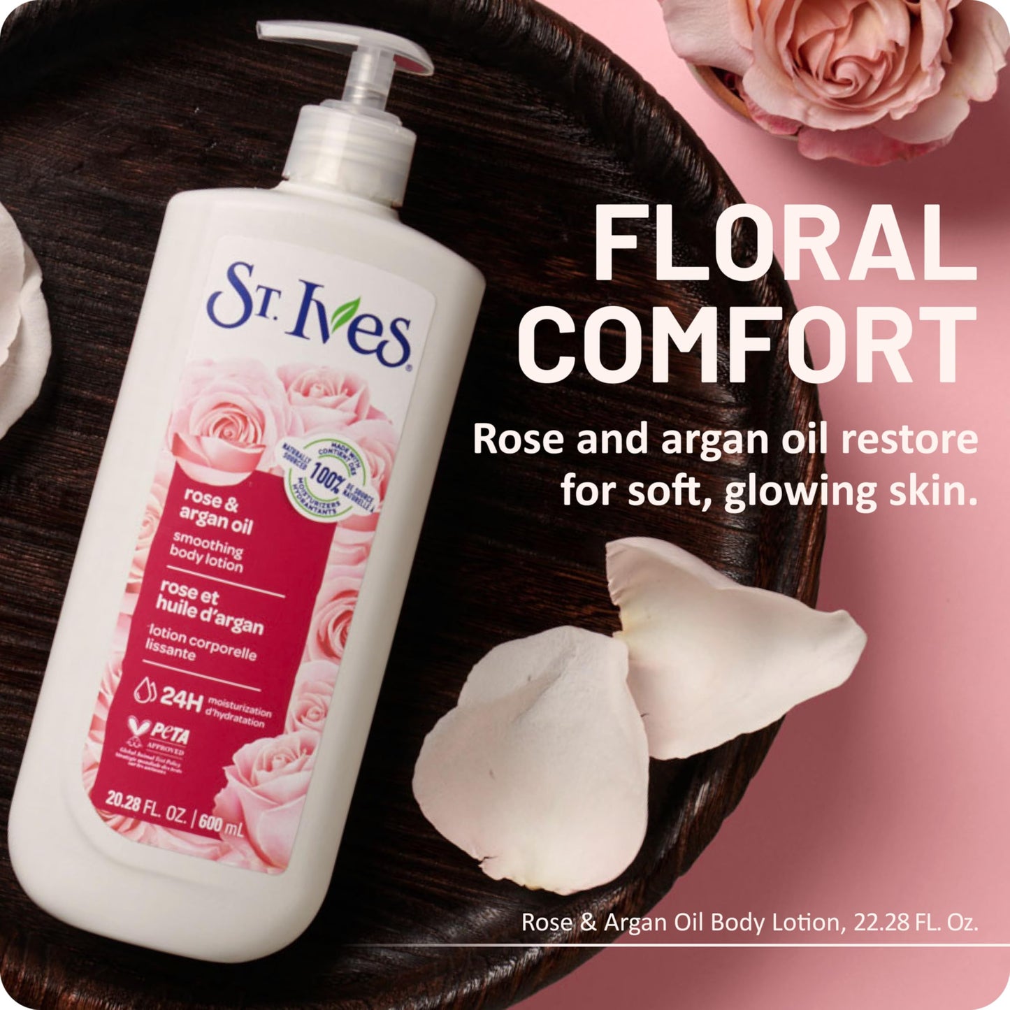 St. Ives Smoothing Hand & Body Lotion for Women with Pump, Daily Moisturizer Rose and Argan Oil for Dry Skin, Made with 100% Natural Moisturizers, 21 fl oz, 4 Pack