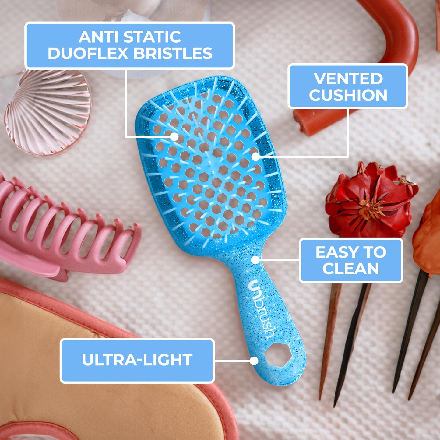 FHI Heat UNbrush Mini Detangler Brush for Pain-Free Brushing on All Wet or Dry Hair Types — Durable Duoflex Anti-Static Bristles, Lightweight Handle, Vented Mini Hair Brush, Sapphire Blue