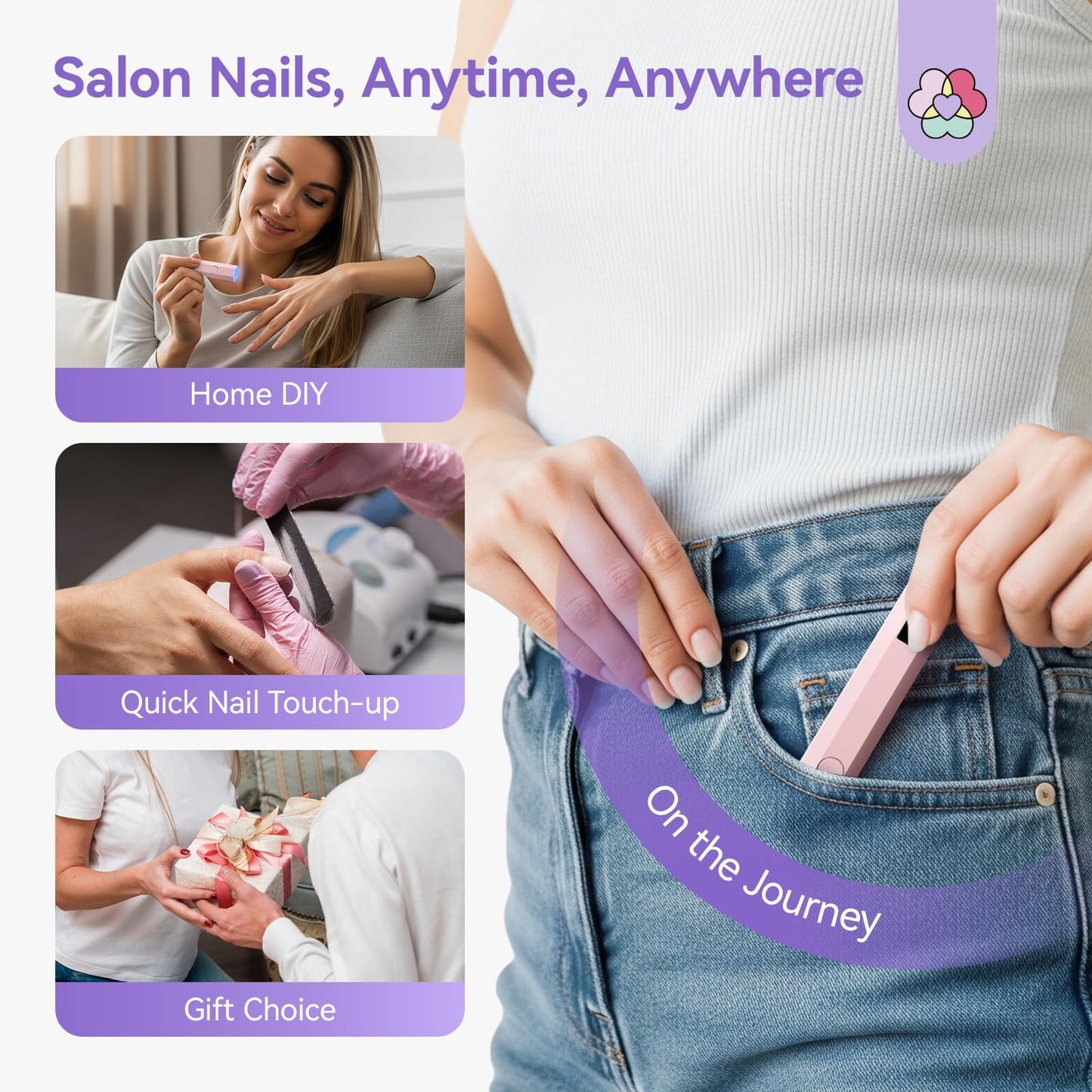 SAVILAND Essentials Handsfree LED Nail Lamp: Quick Dry Pink UV Nail Light with Foldable Stand Visible LCD 20/60s Timer Rechargeable Portable Cordless Gel Lamp Gel Tip Glue Rhinestone Decorations