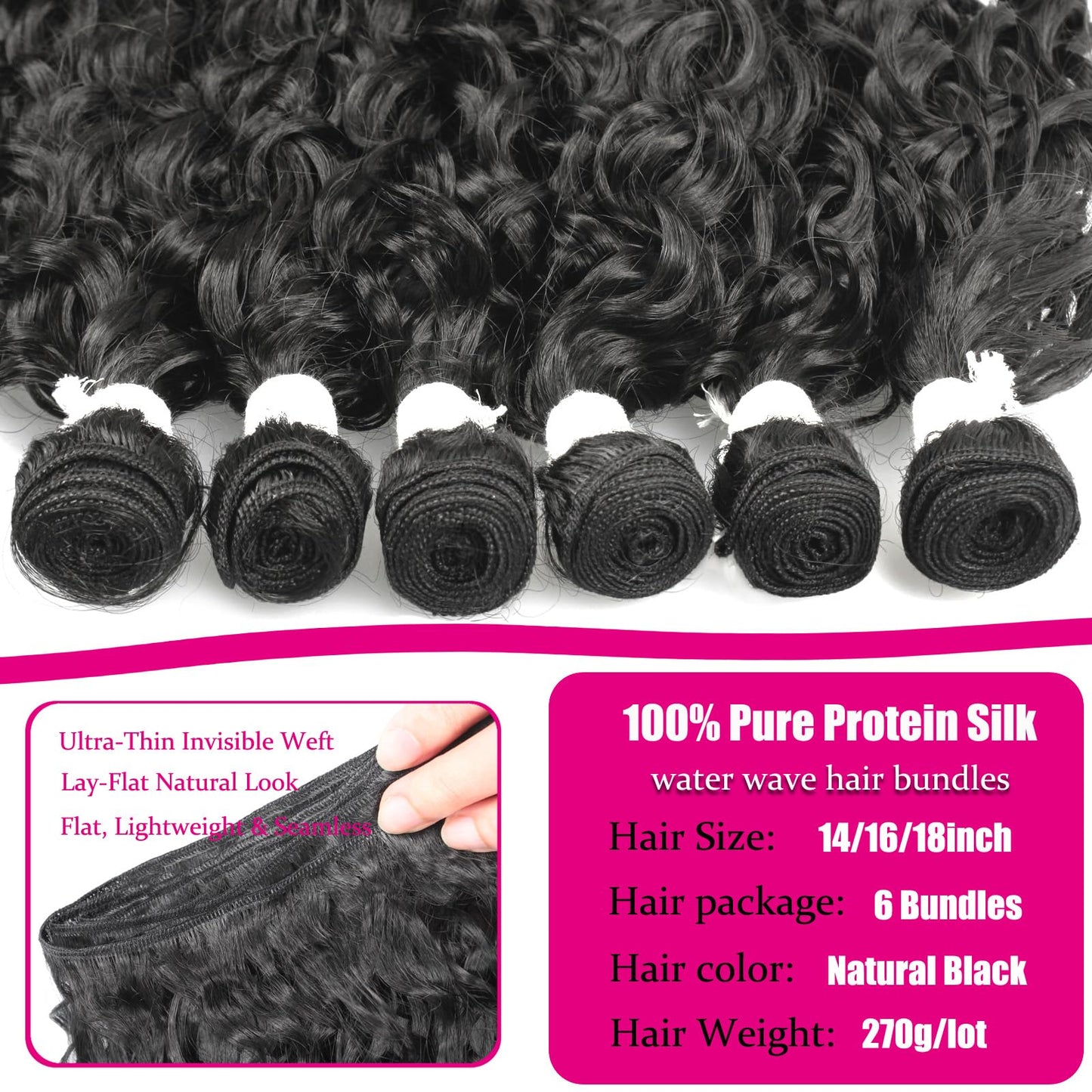 UENOKIPS Water Wave Hair Bundles 100% Pure Protein Silk Curly Bundles 14 16 18 Inch 6 Bundles 270g Synthetic Soft Natural Look Human Hair Feel Wet and Wavy Hair Extensions Natural Black