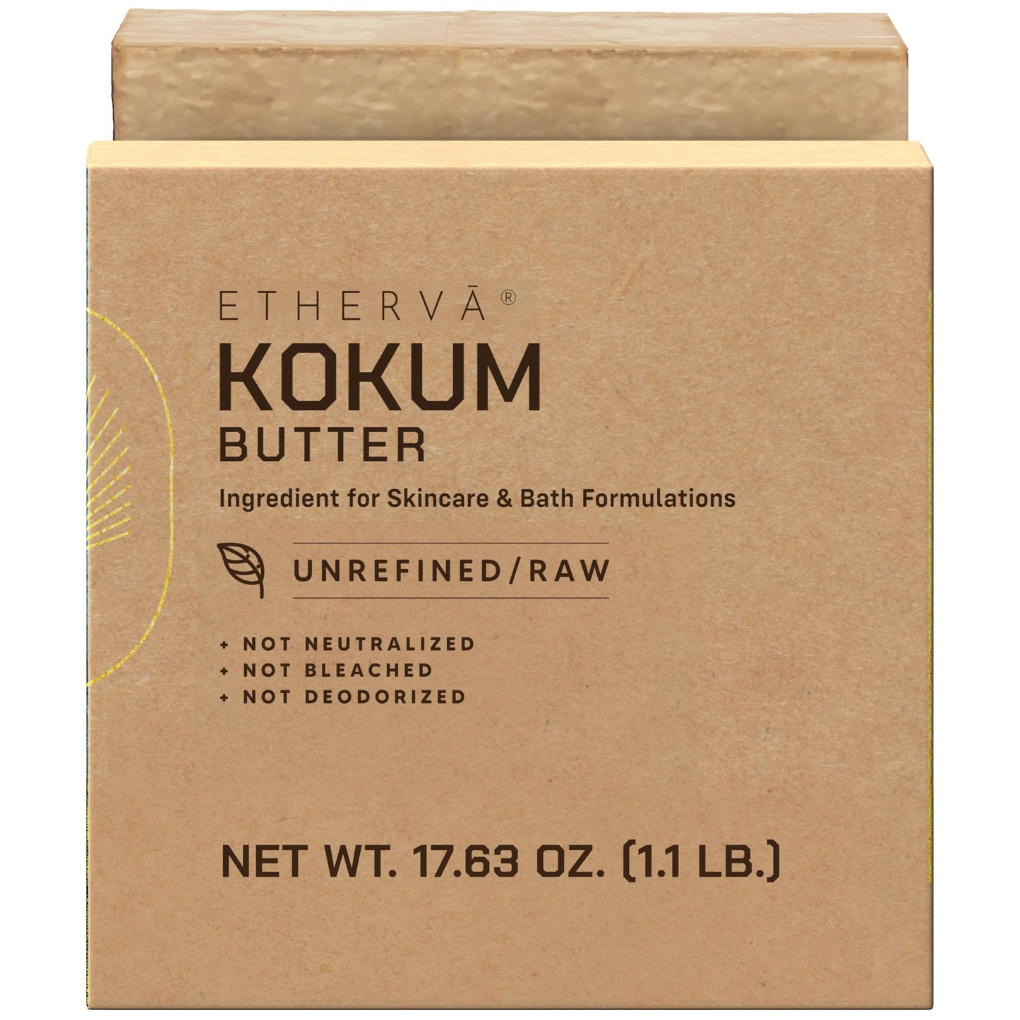 ETHERVA Raw Kokum Butter | Truly Raw Unrefined | Non-Deodorized & Unbleached | Strong Natural Scent | Hard Block | Wild Grown Organic | Bulk DIY Soap Making | Thickener for Skin, Body & Hair | 1.1 lb