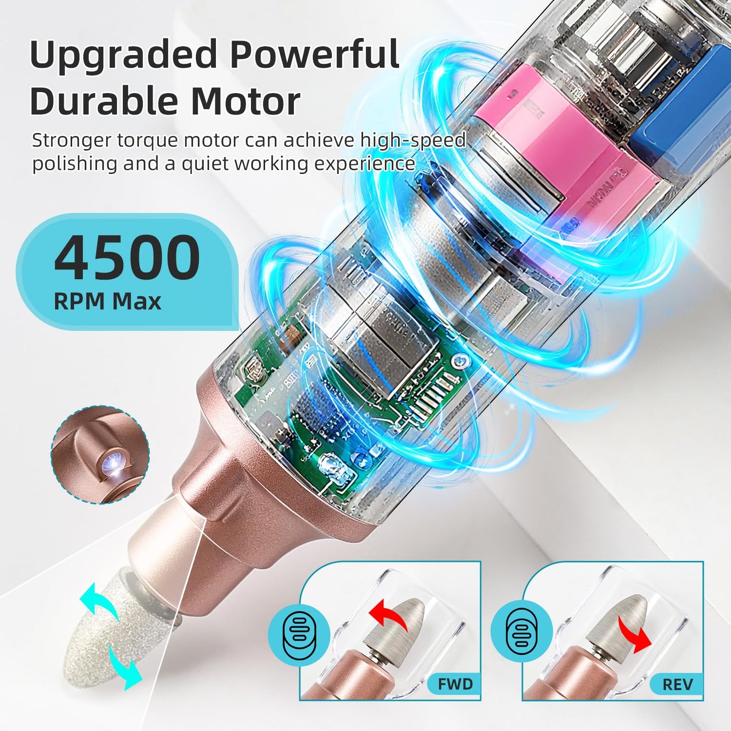 JODSONE Professional Manicure Pedicure Set with 8 Replacement Bits LED 15 Speed Display Multifunctional Rechargeable Cordless Nail Toenail Drill Rose Gold