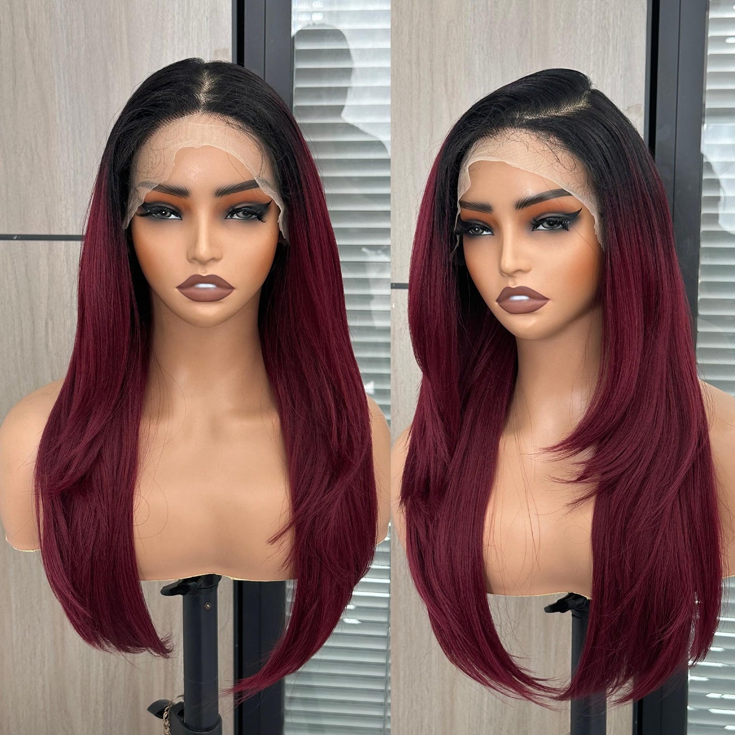 13x6 HD Lace Front Wigs for Women, Synthetic Wigs Wear and Go Glueless Wig with Baby Hair, Pre Plucked Layered Long Straight Wig, Heat Resistant (#OMBUG Burgundy)