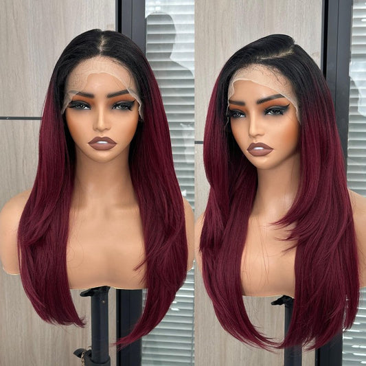 13x6 HD Lace Front Wigs for Women, Synthetic Wigs Wear and Go Glueless Wig with Baby Hair, Pre Plucked Layered Long Straight Wig, Heat Resistant (#OMBUG Burgundy)