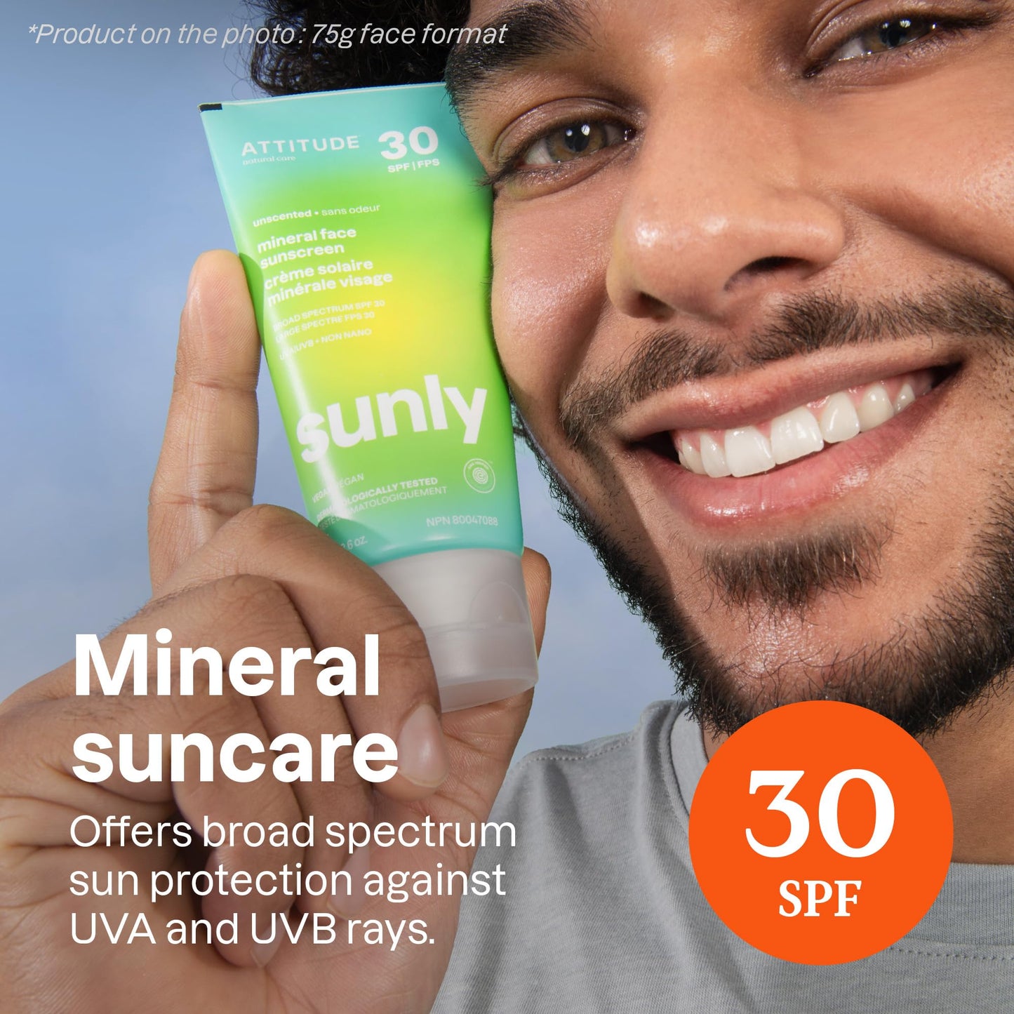 ATTITUDE Mineral Face Sunscreen SPF 30, Zinc Oxide Broad Spectrum UVA/UVB Protection, Dermatologically Tested, Vegan, Unscented, 2.6 Oz