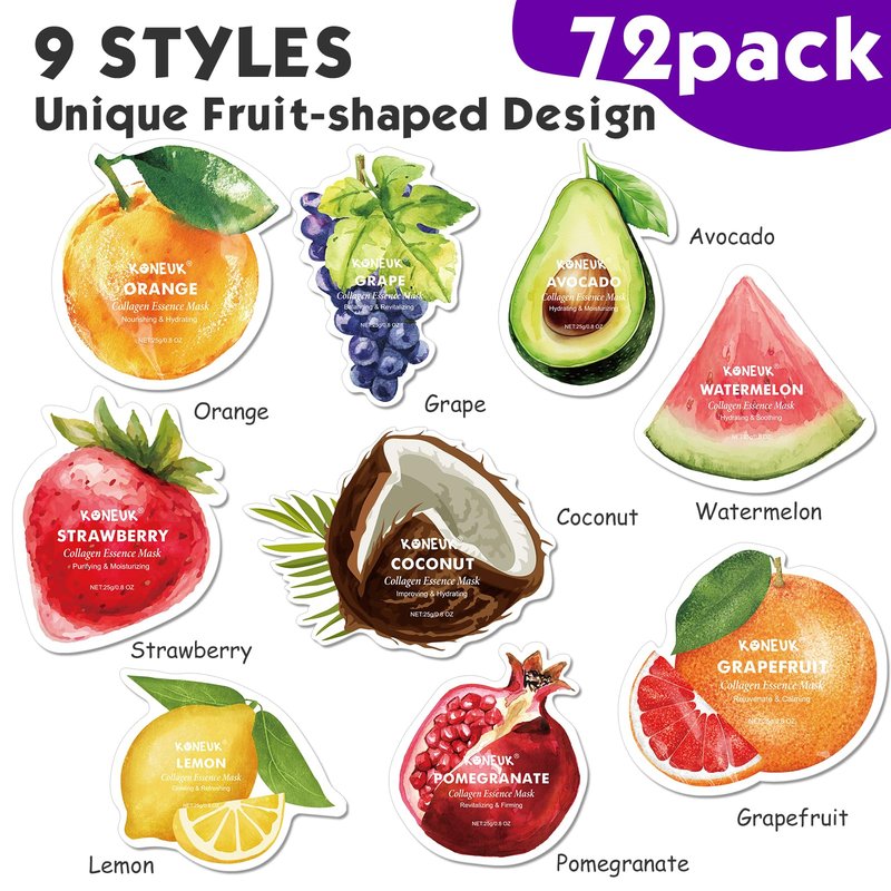 KONEUK 72 Pack Fruit Shaped Sheet Face Mask, Mothers Day Gifts for Mom, Collagen Hydrating Face Masks Skincare for All Skin Types, Bulk Teacher Gifts and Spa Party Gifts(9 Types x 8 Pcs)