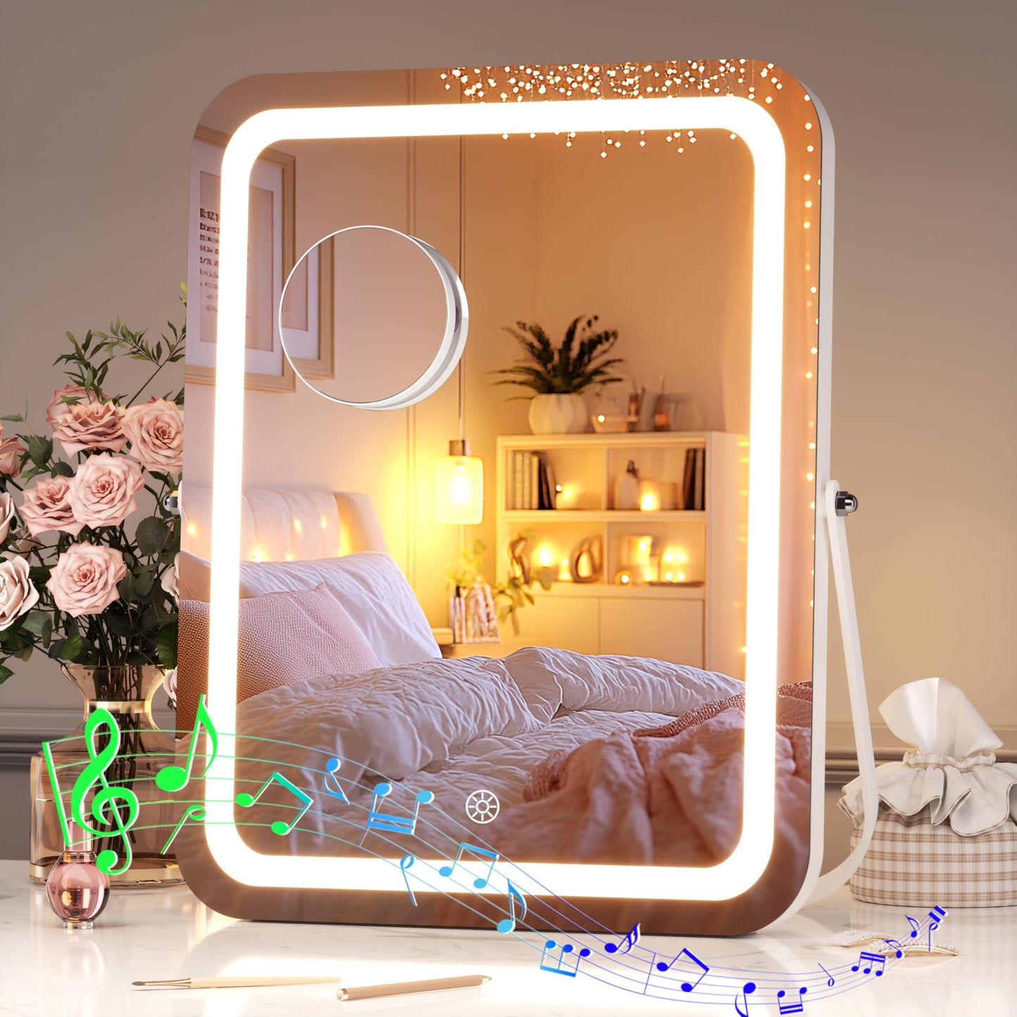 Hasipu LED Makeup Mirror with Bluetooth Speaker, 11" x 14" Vanity Mirror with Lights, 3 Modes Light, Smart Touch Control Dimmable, Rectangle White Frame