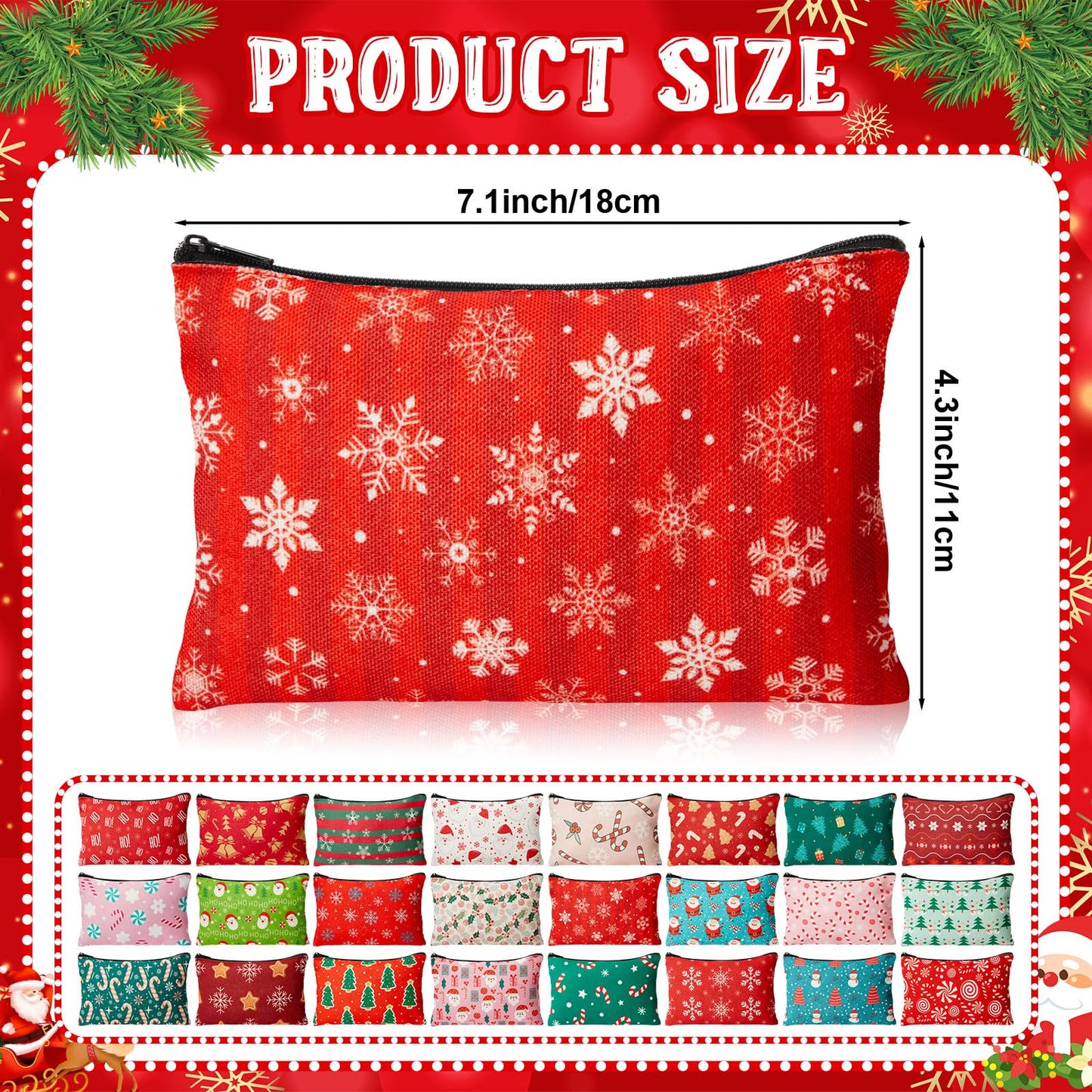 Meanplan 24 Pcs Christmas Makeup Bags Bulk Gifts Holiday Cosmetics Storage Bags Xmas Tree Santa Snowman Candy Cane Purse Double Sided Zipper Pouch for Women Travel Holiday Goodie Present
