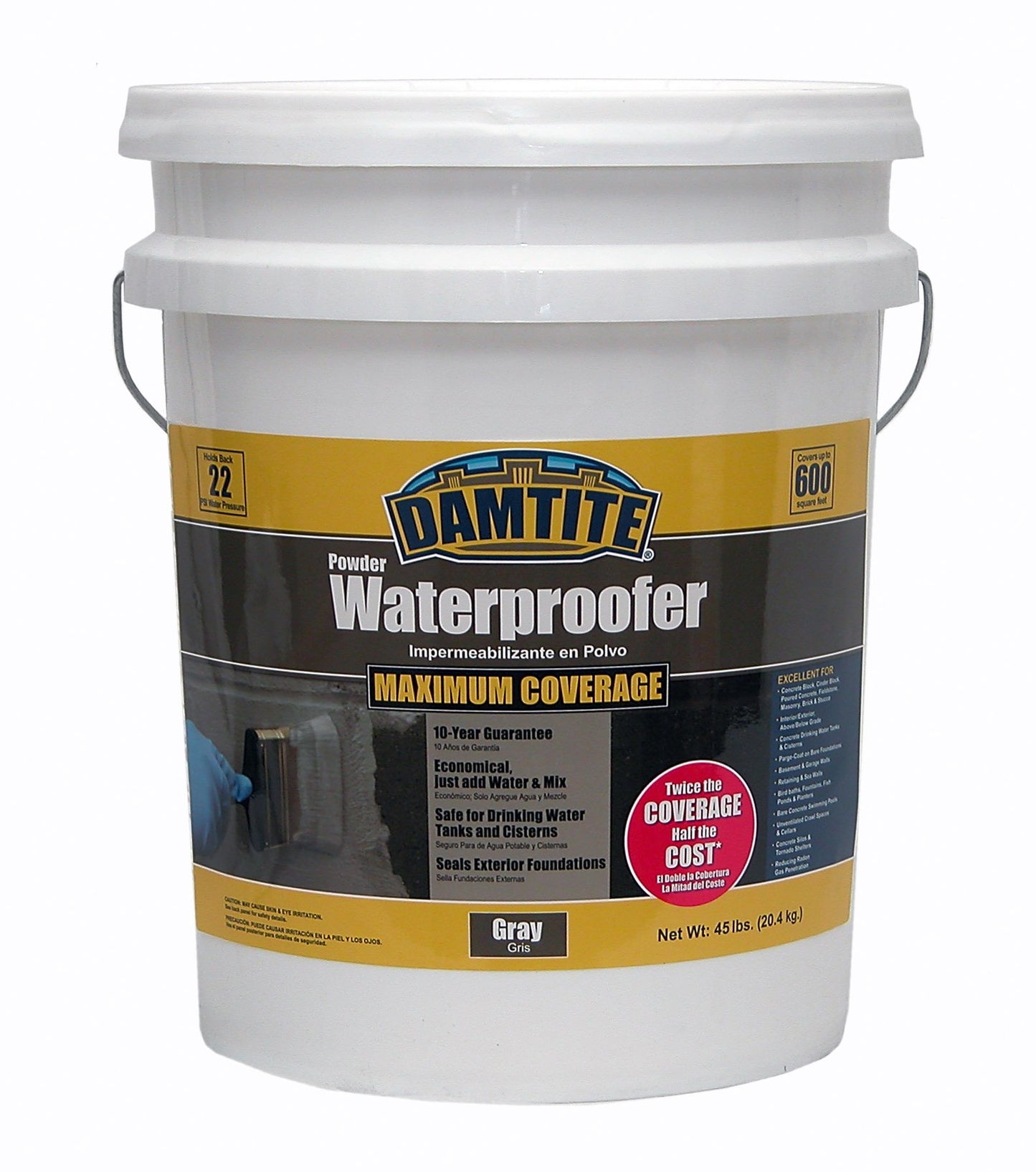 DAMTITE Maximum Coverage Powder Waterproofer, Apply to Wet or Dry Walls, Twice the Coverage Compared to Competition (Gray, 45lb)