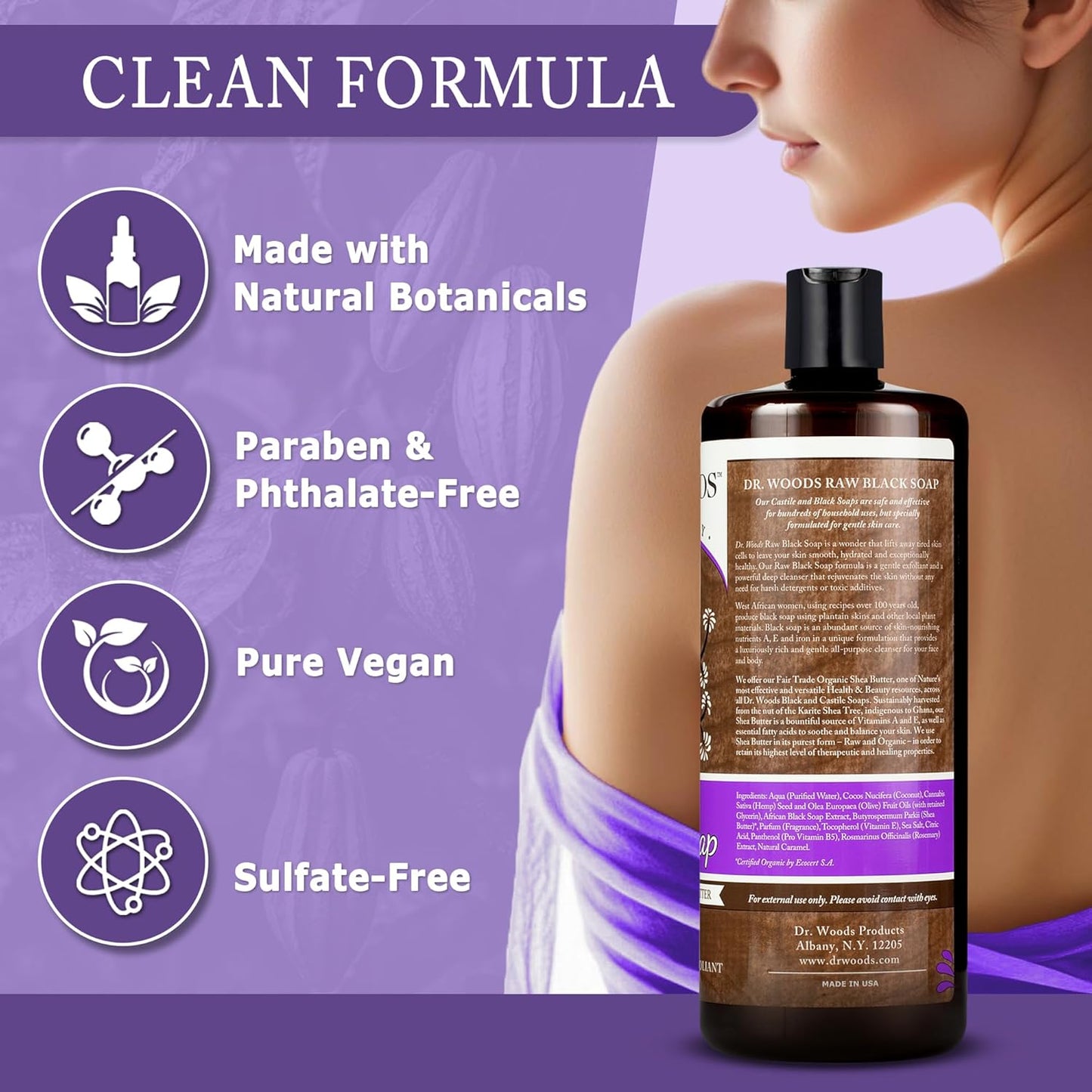Dr. Woods Raw African Liquid Black Soap - Organic Shea Butter Body Wash | Gentle Exfoliant for Face & Body - 32 Fl Oz, Pack of 3