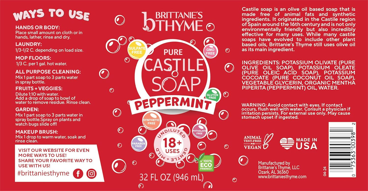 Pure Castile Liquid Soap Refill - Peppermint Scent, 32 oz Pack of 2 | Gentle, Vegan Formula for Hair & Body