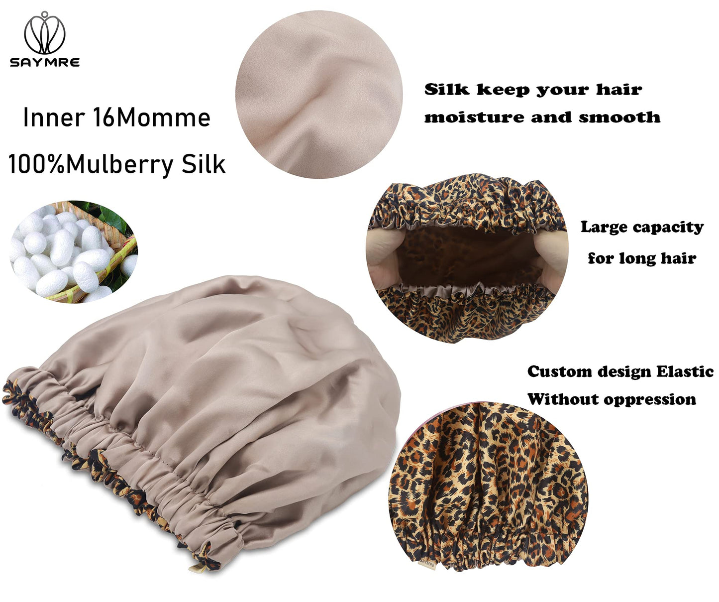 SAYMRE 100% Mulberry Silk Lined Bonnet Adjustable Satin Sleep Cap 19 Momme Silk Bonnet for Women Curly,Long Hair Care
