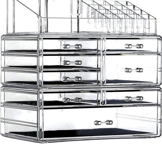 Cq acrylic 3 Pack Clear Make Up Organizer Countertop,Stackable 8 Drawers Makeup Storage,Cute Vanity Organizers for Dresser Hair Clip,Jewelry,Beauty Product Desk and Bathroom Organizers and Storage