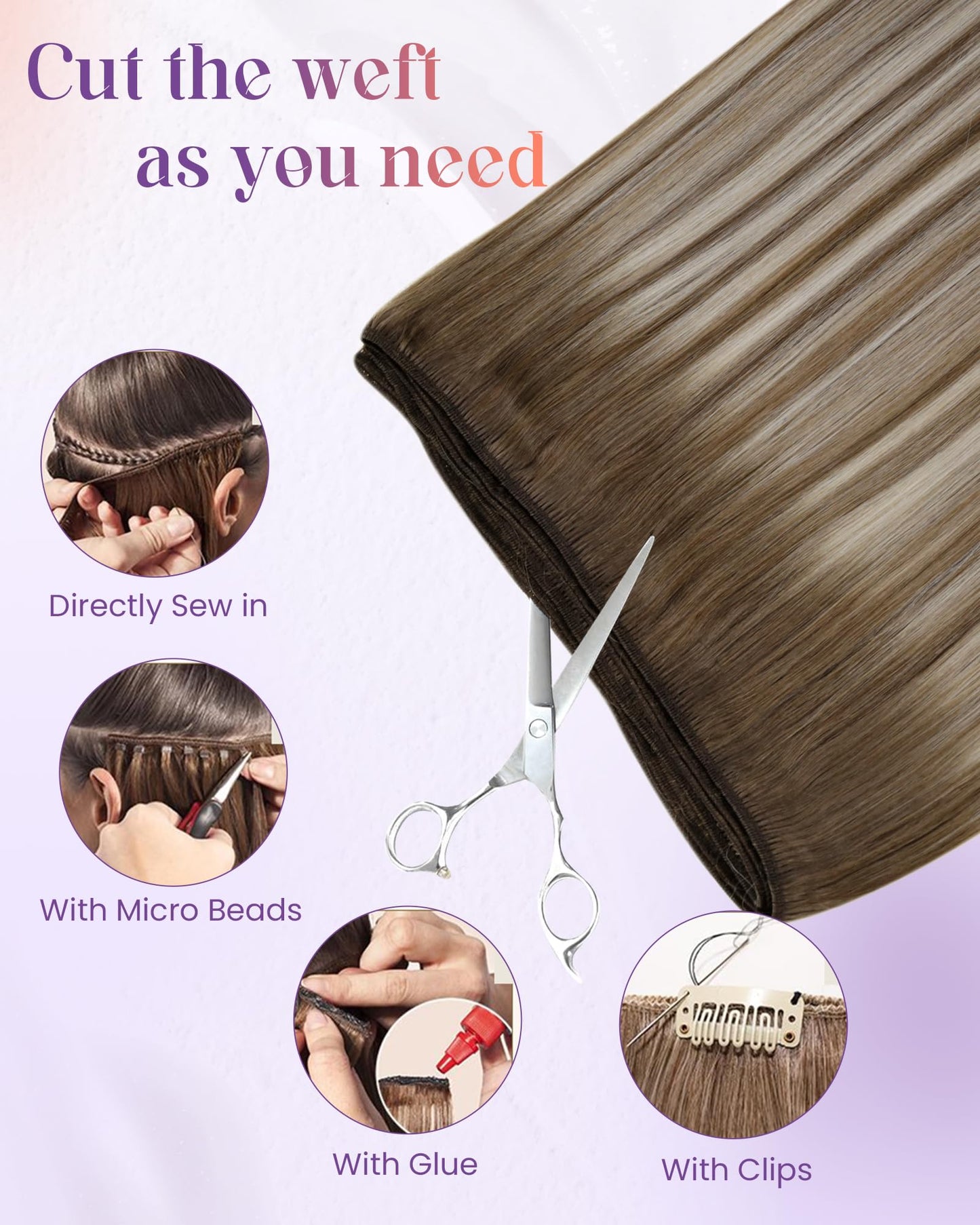 LaaVoo Weft Hair Extensions Human Hair Brown Ombre Sew in Human Hair Extensions Short Sew in Extension Balayage Light Brown to Platinum Blonde Mix Brown 80g 12 Inch