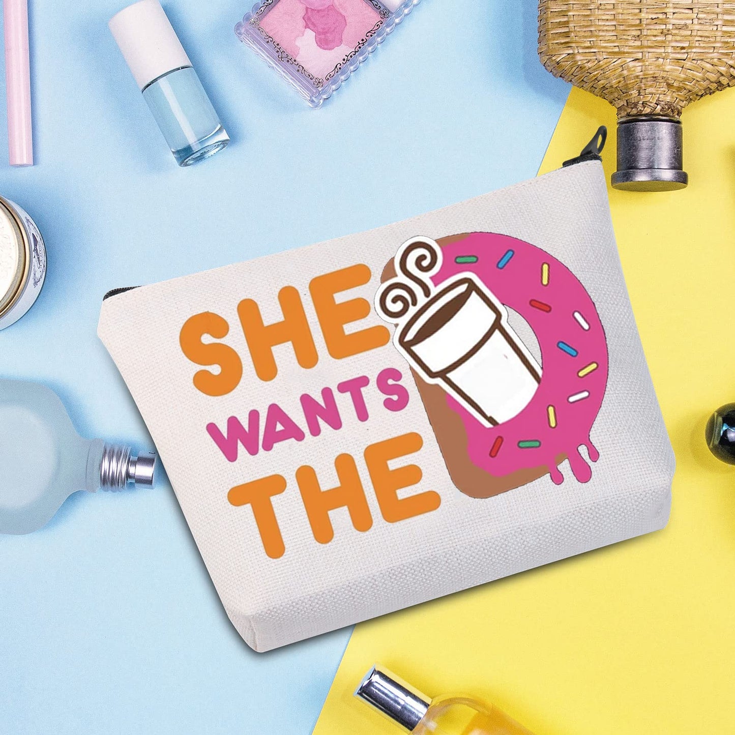 WZMPA Donuts and Coffee Cosmetic Makeup Bag Donuts Lover Gift She Wants The Donuts Makeup Zipper Pouch Bag For Friend Family (She Wants The BG)
