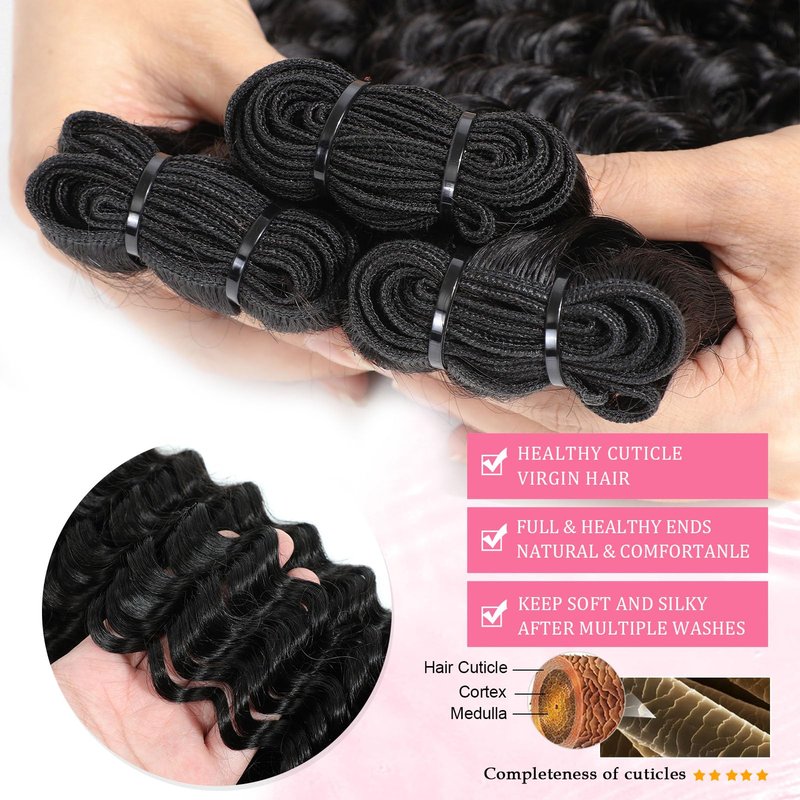 Deep Wave Bundles Human Hair 20 Inch 12A Raw Indian Human Hair Single Bundle 100% Unprocessed Deep Wave Bundles Double Weft Deep Curly Weave for Black Women Natural Black Color