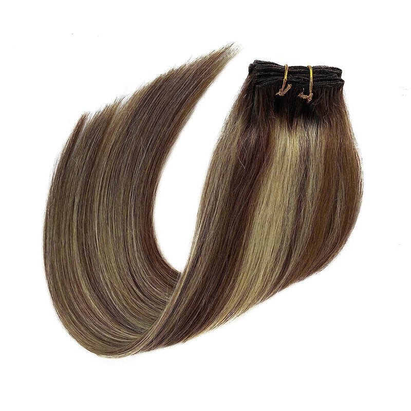 Human Hair Clip in Extensions Brown to Blonde Balayage Clip ins Extensions Remy Human Hair 16 Inch Clip on Extension Bleach Blonde Highlights Hair Extensions for Women Clip in 7Pcs 70g