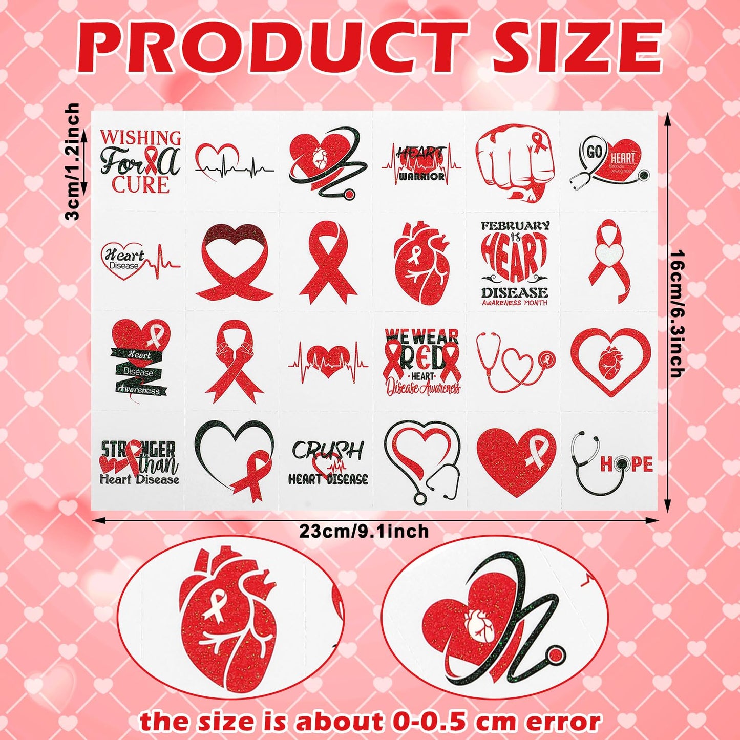 Landhoow 240 Pcs Heart Health Awareness Tattoos Temporary Glitter Awareness Body Sticker for Campaign Favor Charity Supplies, 24 Designs