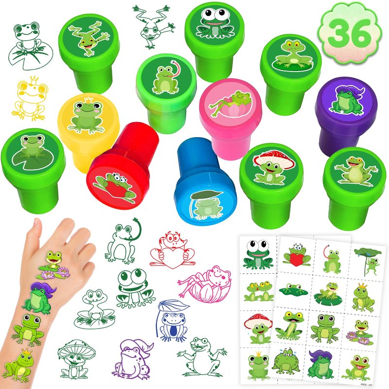 36PCS Frog Party Favors - 24PCS Pre-Cut Temporary Tattoos & 12PCS Stamps - Ideal Animal Frog Princess Themed Birthday Card Decorations Supplies Goodie Bag Cute Rewards for Boys Girls Classroom Gifts
