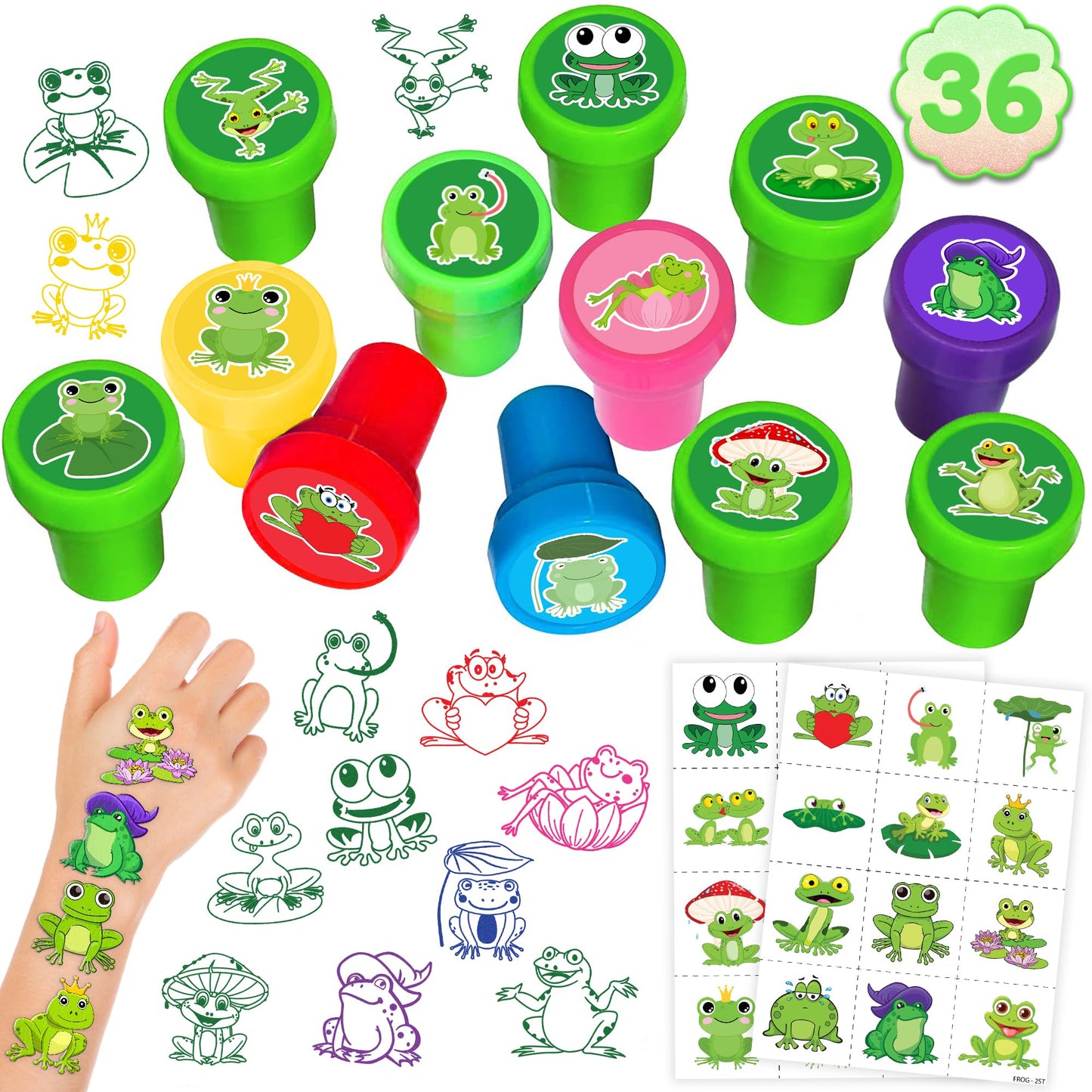 36PCS Frog Party Favors - 24PCS Pre-Cut Temporary Tattoos & 12PCS Stamps - Ideal Animal Frog Princess Themed Birthday Card Decorations Supplies Goodie Bag Cute Rewards for Boys Girls Classroom Gifts