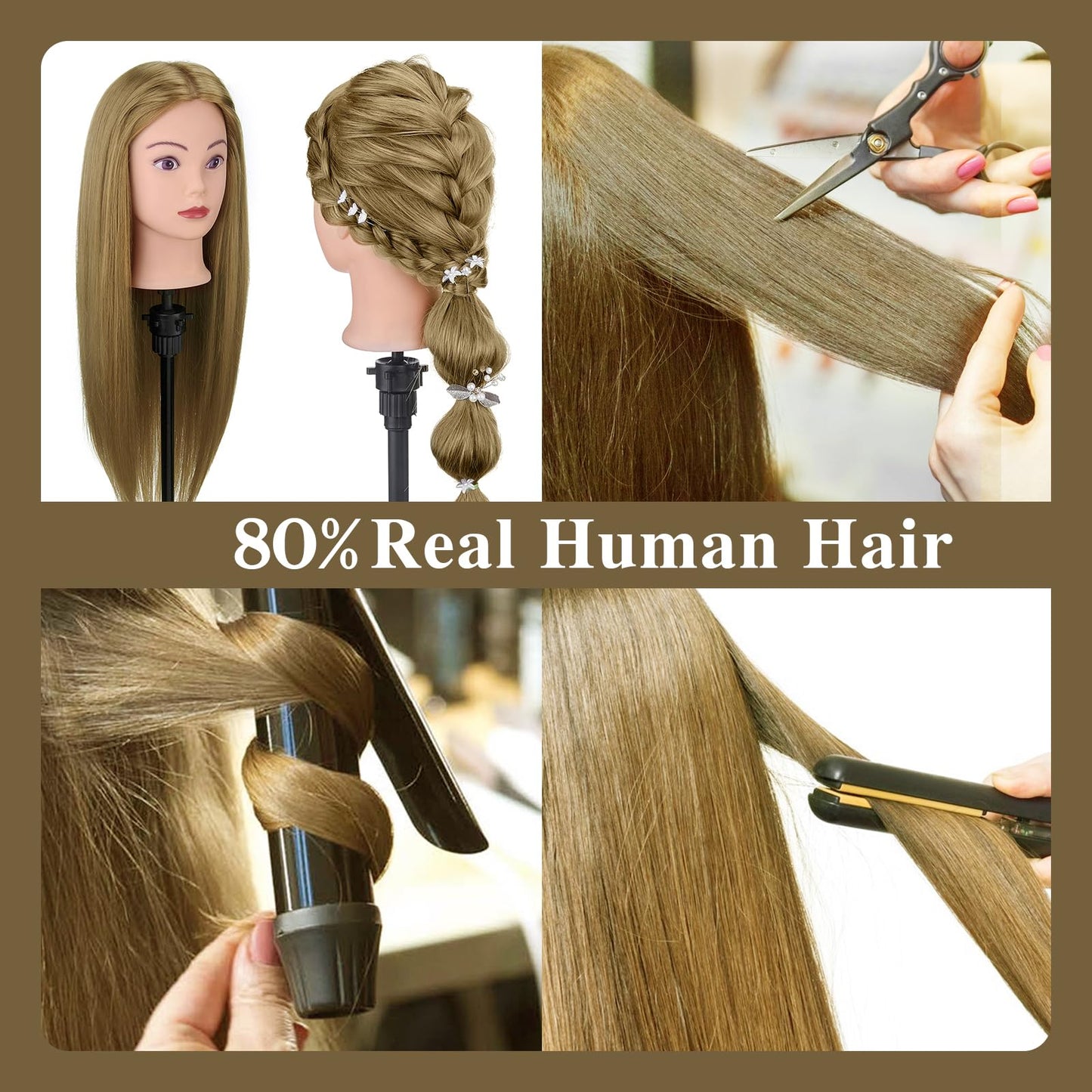 28" Mannequin Head Human Hair, 80% Real Hair Mannequin Head, Cosmetology Manikin Doll Head for Hair Styling Set #27, Training Practice Braiding Head with Table Clamp Suitable for Hair Extensions