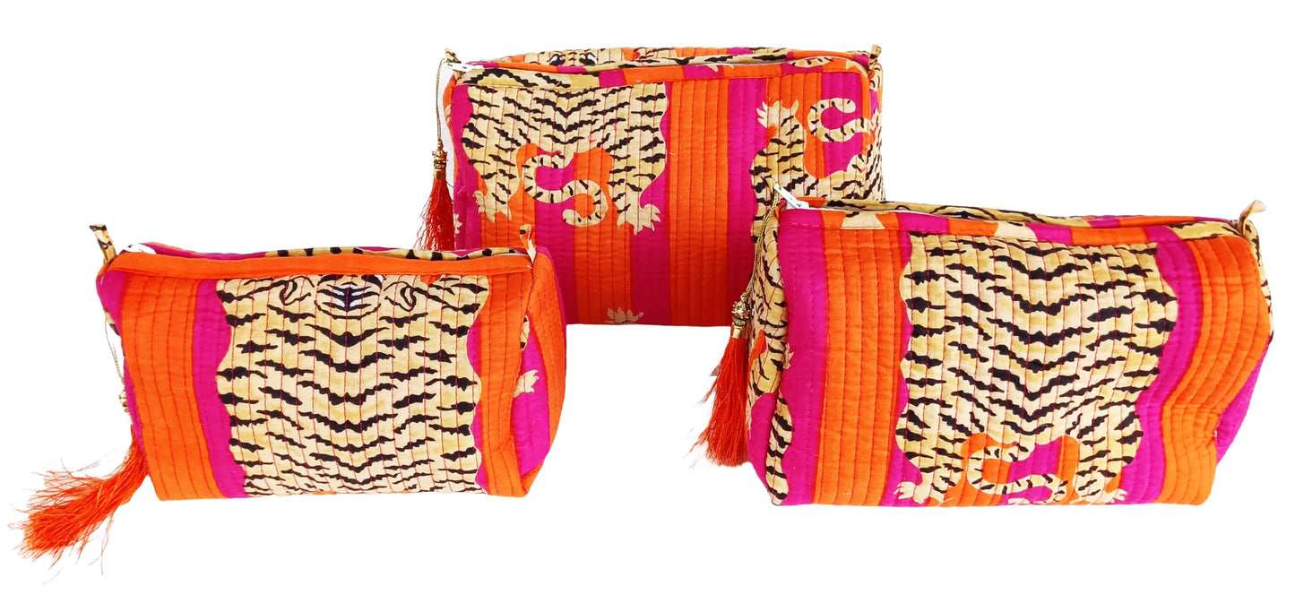 Rastogi Handicrafts Cosmetic Bags Set, 3 Piece Make Up Organizer Bag Storage Bags with Zipper Closure (3, Dark Pink, Design-7)