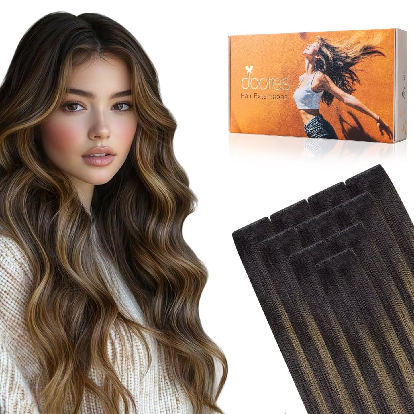Invisible Tape In Human Hair Extensions - Dark Brown to Chestnut Brown | 10pcs, 16 Inch, Straight