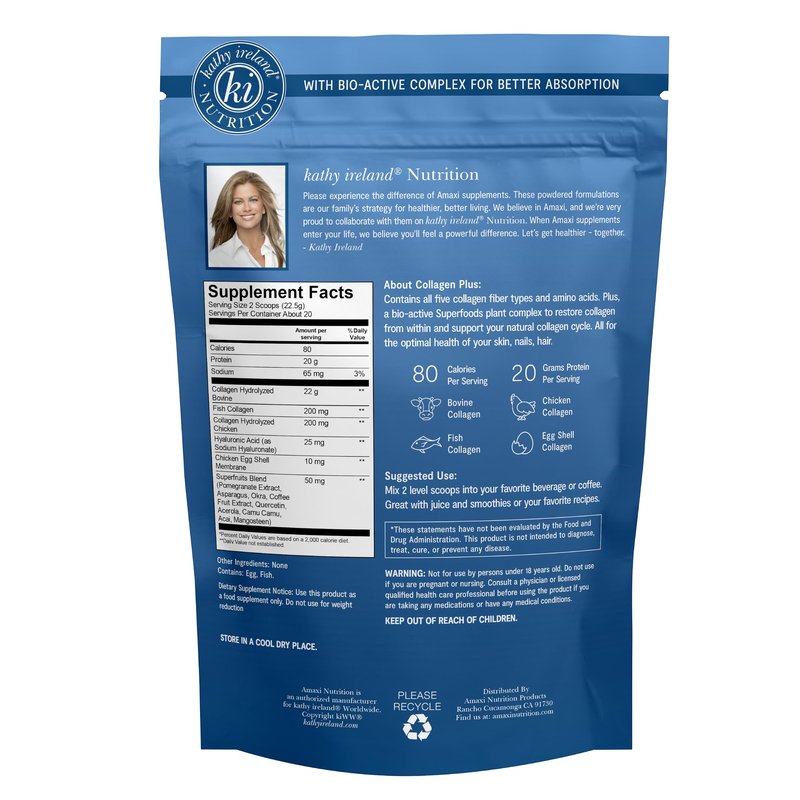 AMAXI Kathy Ireland Multi Collagen Protein Powder Peptides, Types I, II, III, V, X Unflavored, 20g Protein per Serving, Bovine, Chicken, 16 oz