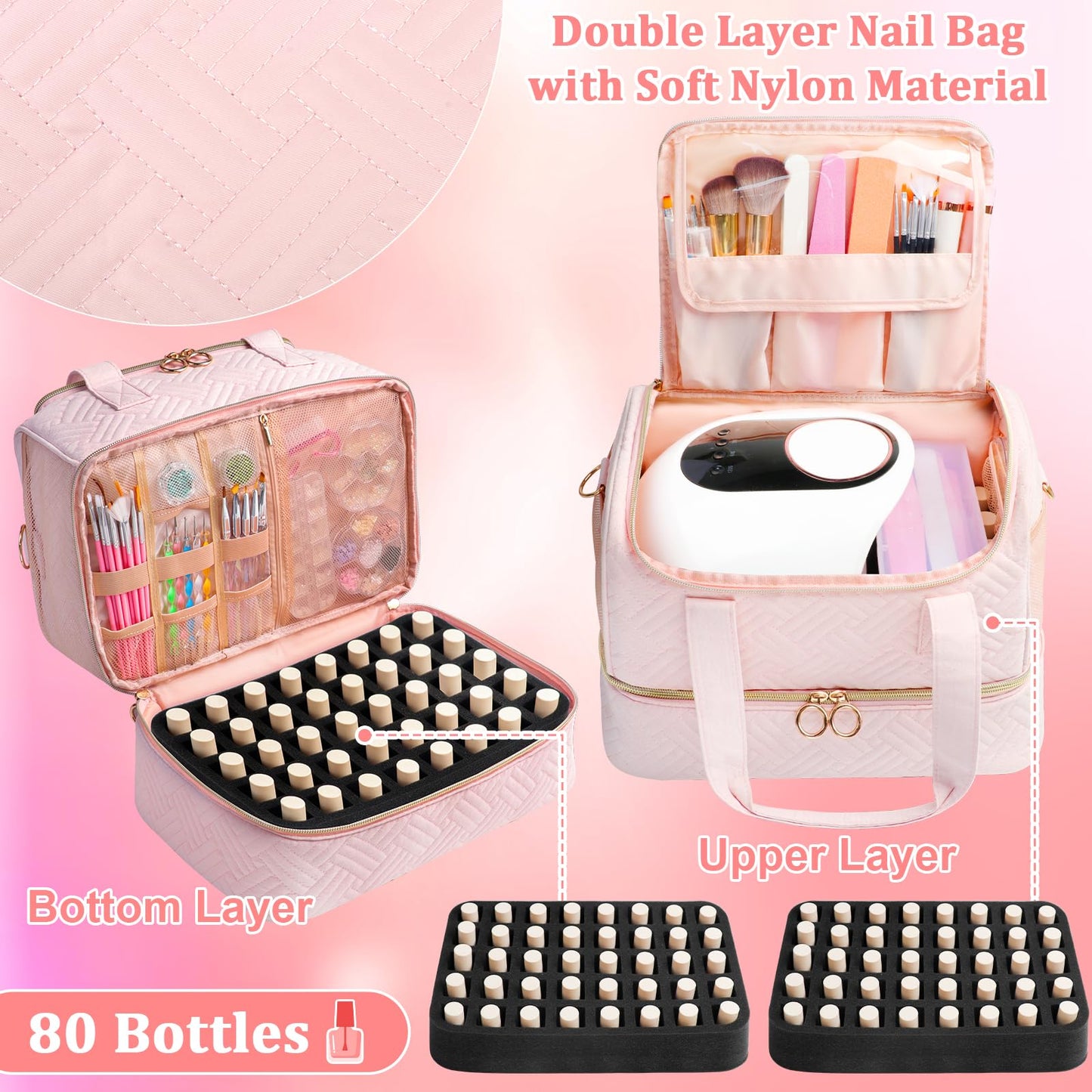 Veirdro Nail Polish Organizer Hold 90 Bottles (15ml/0.5fl.Oz)& Nail Lamp, Three Layer Nail Supplies Organizer Case with Holder& Shoulder Strap, PU Leather Nail Kit Organizers and Storage Bag (Black)