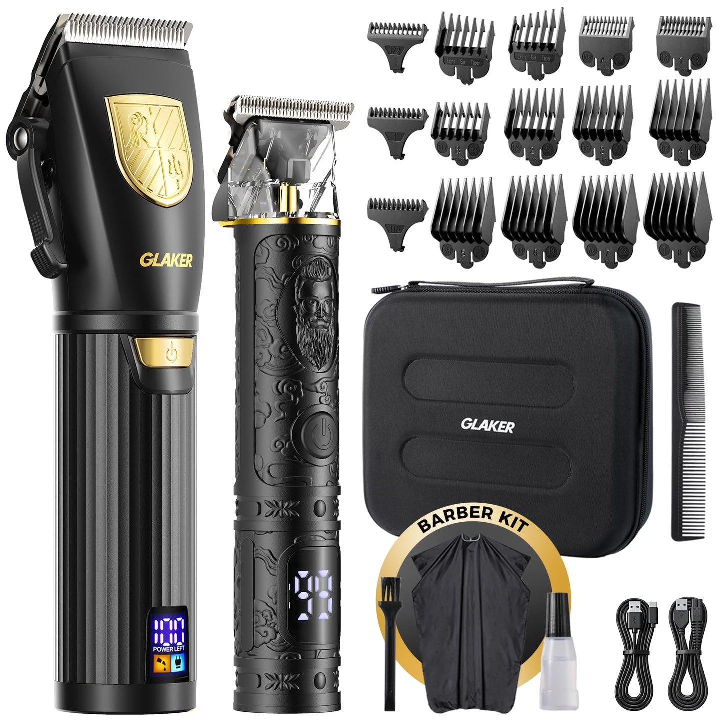 GLAKER Hair Clippers for Men,Professional Mens Hair Clippers Cordless Clippers for Hair Cutting,Precision Trimmer Kit Zero Gap Trimmer with LED Display 15 Guide Combs (Gold)