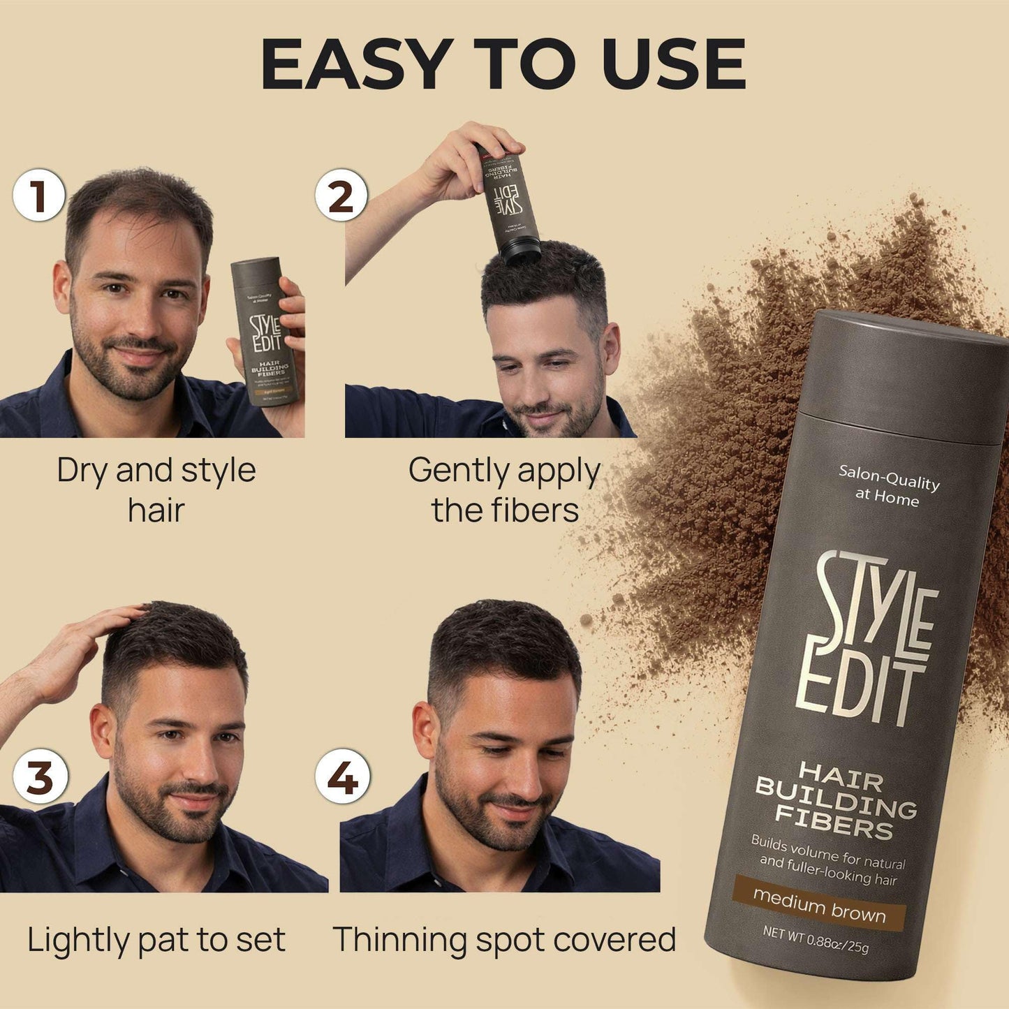 Style Edit Hair Building Fibers for Thinning Hair | Conceals Receding Hairlines, Fine Hair & Bald Spots for Fuller looking hair, 100% Plant-Based Thickening Powder for Men & Women, Medium Brown 0.88oz