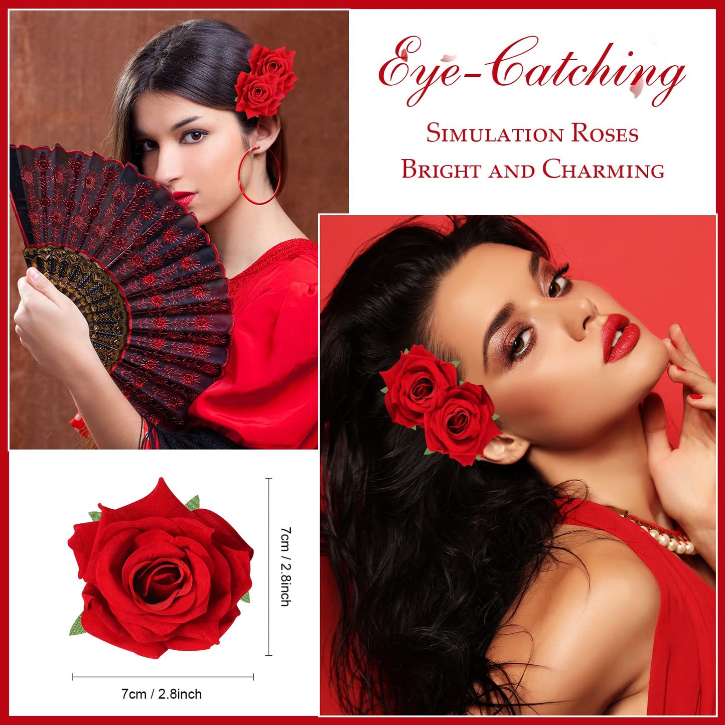 Batiyeer 24 Pcs Flower Hair Clips Rose Brooch Floral Hairpins 2.8" Flowers Hair Clips Headpieces Accessories for Flamenco Dancer Women Bridal Bridesmaid Wedding Party Violet Day Irish Festival(Red)