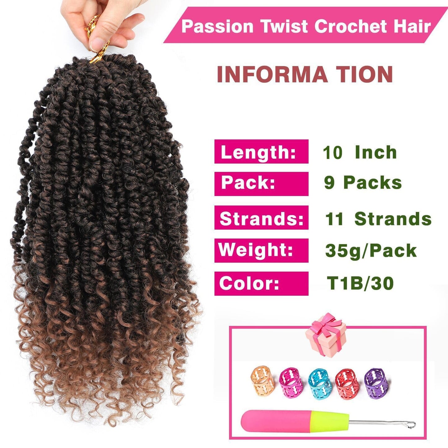 9 Packs Pre-twisted Passion Twist Hair 10 Inch Ombre Brown T1B/30