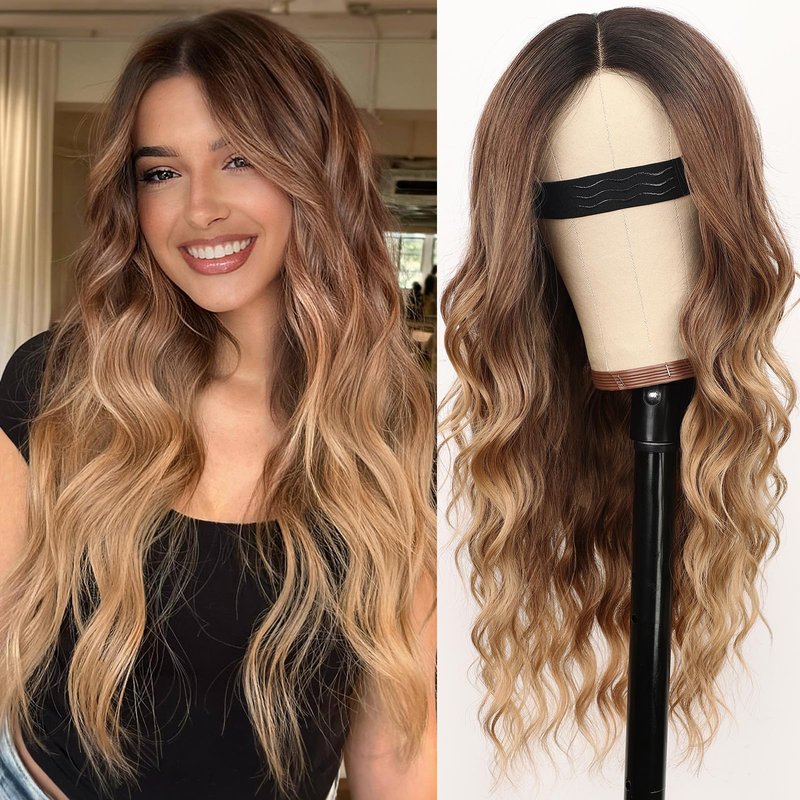 Nnzes Long Ombre Brown Gold Mixed Honey Blonde Wavy Wig 4x1 Lace Natural Hairline Middle Part Curly Heat-Resistant Synthetic Fiber for Women & Beginners Daily Party Use 26In