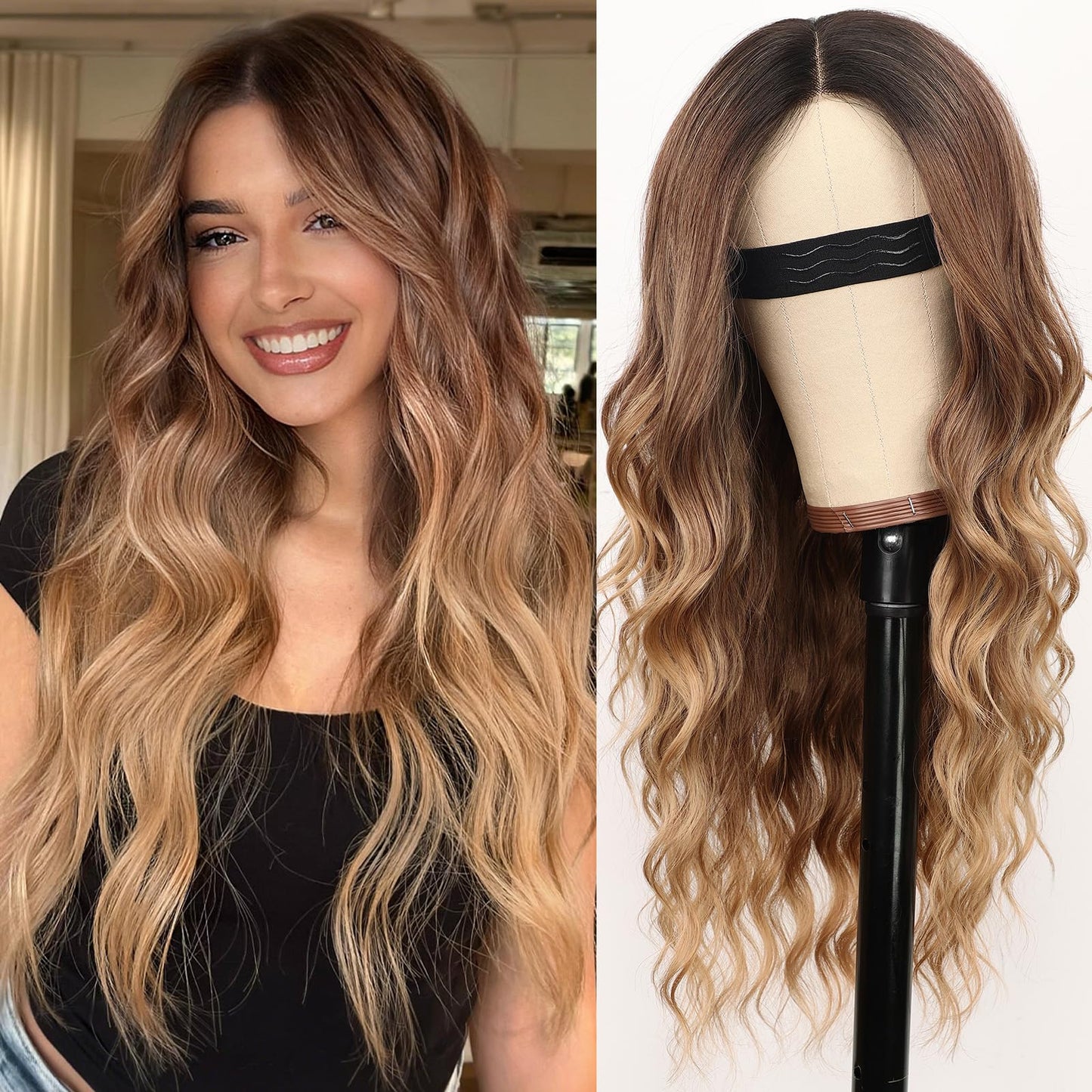 Nnzes Long Ombre Brown Gold Mixed Honey Blonde Wavy Wig 4x1 Lace Natural Hairline Middle Part Curly Heat-Resistant Synthetic Fiber for Women & Beginners Daily Party Use 26In